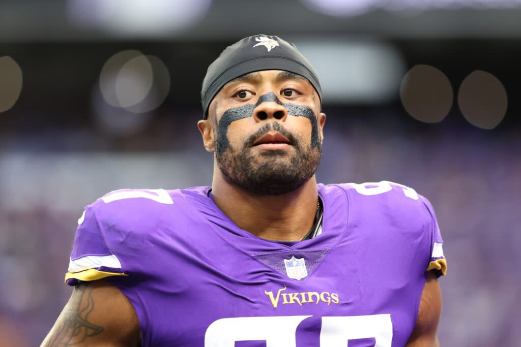 Everson Griffen #97 of the Minnesota Vikings looks on during pregame against the Detroit Lions at U.S. Bank Stadium on October 10, 2021 in Minneapolis, Minnesota. (Photo by Elsa/Getty Images)