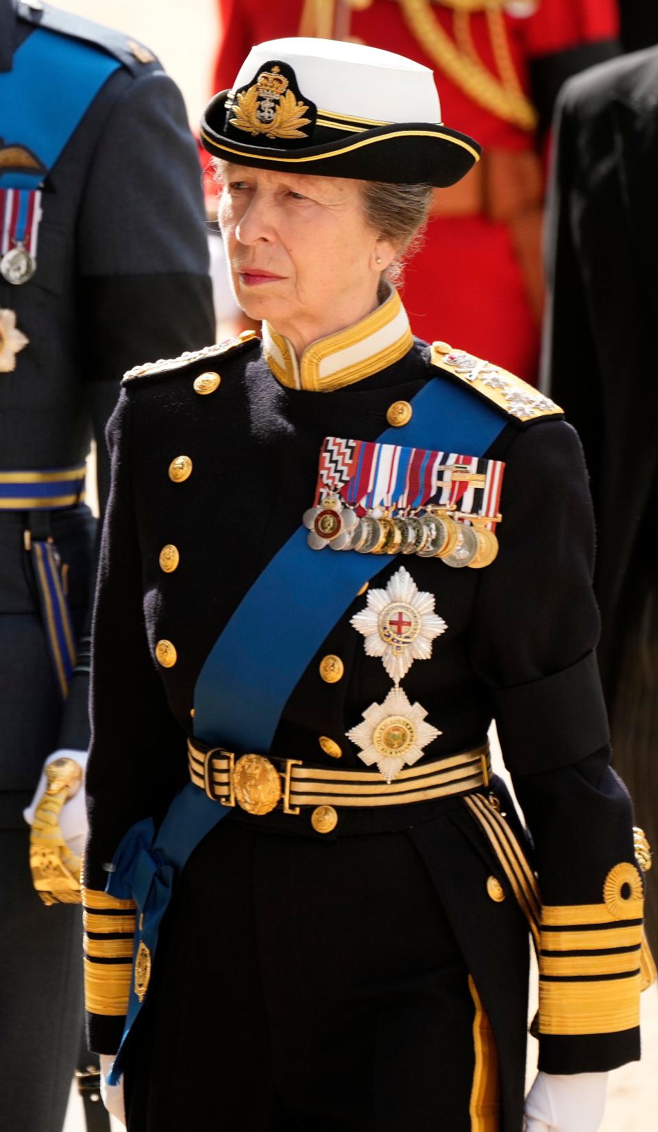 Princess Anne follows behind the queen's funeral cortege borne on the State Gun Carriage of the Royal Navy on Sept. 19, 2022.