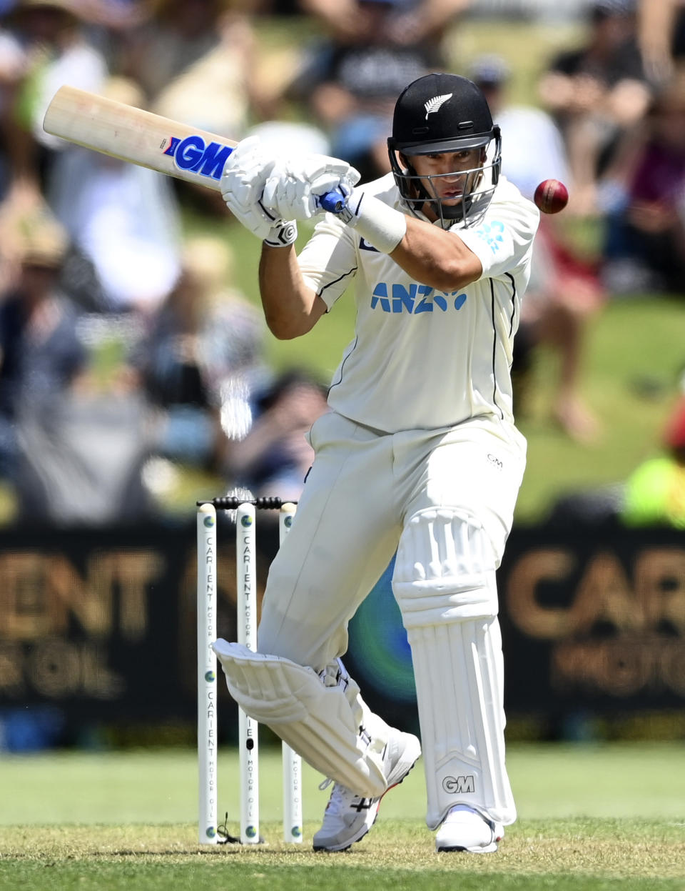 New Zealand's Ross Taylor bats during play on day one of the first cricket test between Pakistan and New Zealand at Bay Oval, Mount Maunganui, New Zealand, Saturday, Dec. 26, 2020. (Andrew Cornaga/Photosport via AP)