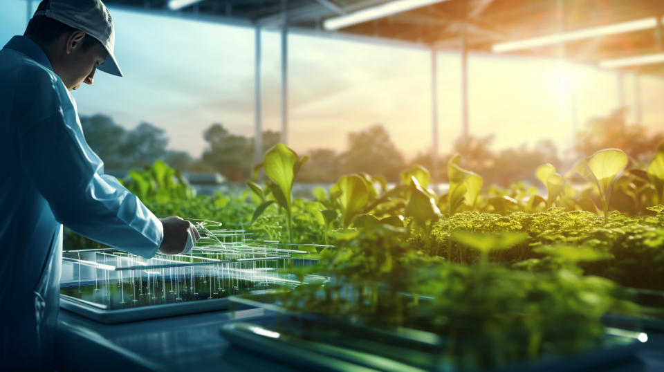 A farmer in a field, inspecting freshly planted crop seeds using advanced biotechnological tools.