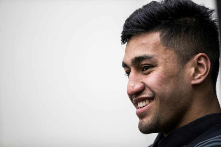 All Black wing Rieko Ioane smiles as he talks to the media in Japan