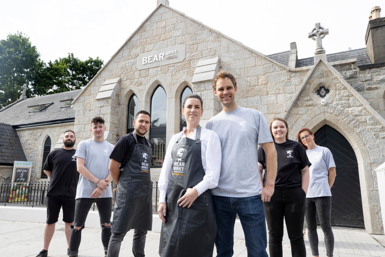 Bear Market Coffee founders Stephen and Ruth Deasy with head barista Gianluca Mereu and their colleagues at their new roastery in a former church in Dublin’s Stillorgan (Andres Poveda/PA)