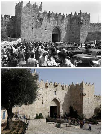 A combination picture shows people walking near Damascus Gate leading into Jerusalem's Old City in this Government Press Office handout photo, taken July 14, 1967 (top) and the same location May 14, 2017. REUTERS/Fritz Cohen/Government Press Office/Handout via Reuters (top)/Ronen Zvulun