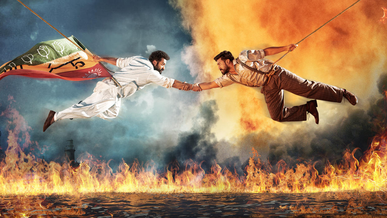 Jr NTR and Ram Charan swing into action as the two leads of epic actioner RRR. (DVV Entertainment/Netflix)