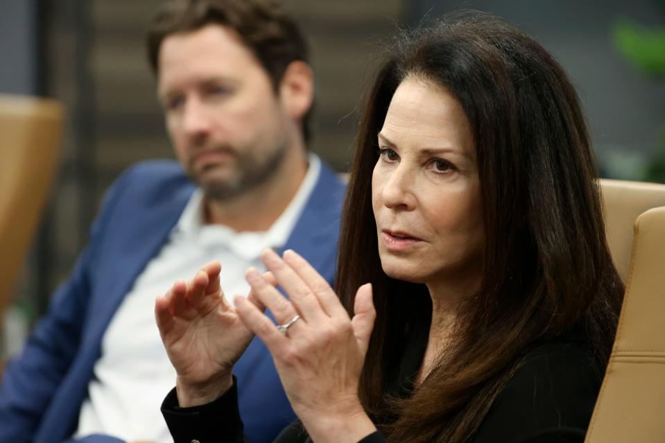 No Labels CEO Nancy Jacobson talks with the Deseret News editorial board at the Deseret News offices in Salt Lake City on Thursday, Aug. 24, 2023. No Labels National Director Joe Cunningham is next to her. | Kristin Murphy, Deseret News