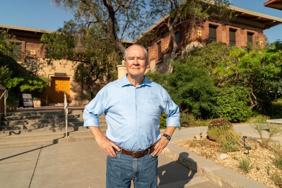 Steven Keough, a Democrat looking to unseat U.S. Sen. Ted Cruz, poses for a photo at the University of Texas at El Paso (UTEP) during a recent visit to the city.