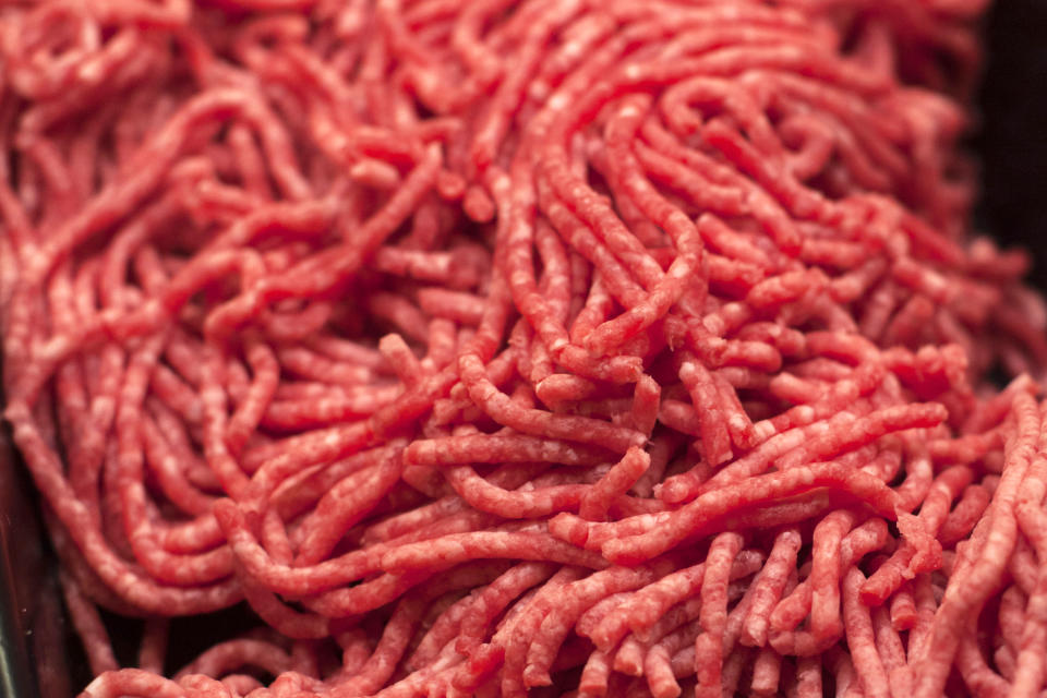 FILE - Ground beef is displayed for sale at a market in Washington on April 1, 2017. Most grillers recommend a mixture of 80% beef to 20% fat for hamburgers, but Craig “Meathead” Goldwyn, author of “Meathead, The Science of Great Barbecue and Grilling,” prefers even more fat, up to a 70:30 ratio. (AP Photo/J. Scott Applewhite, File)