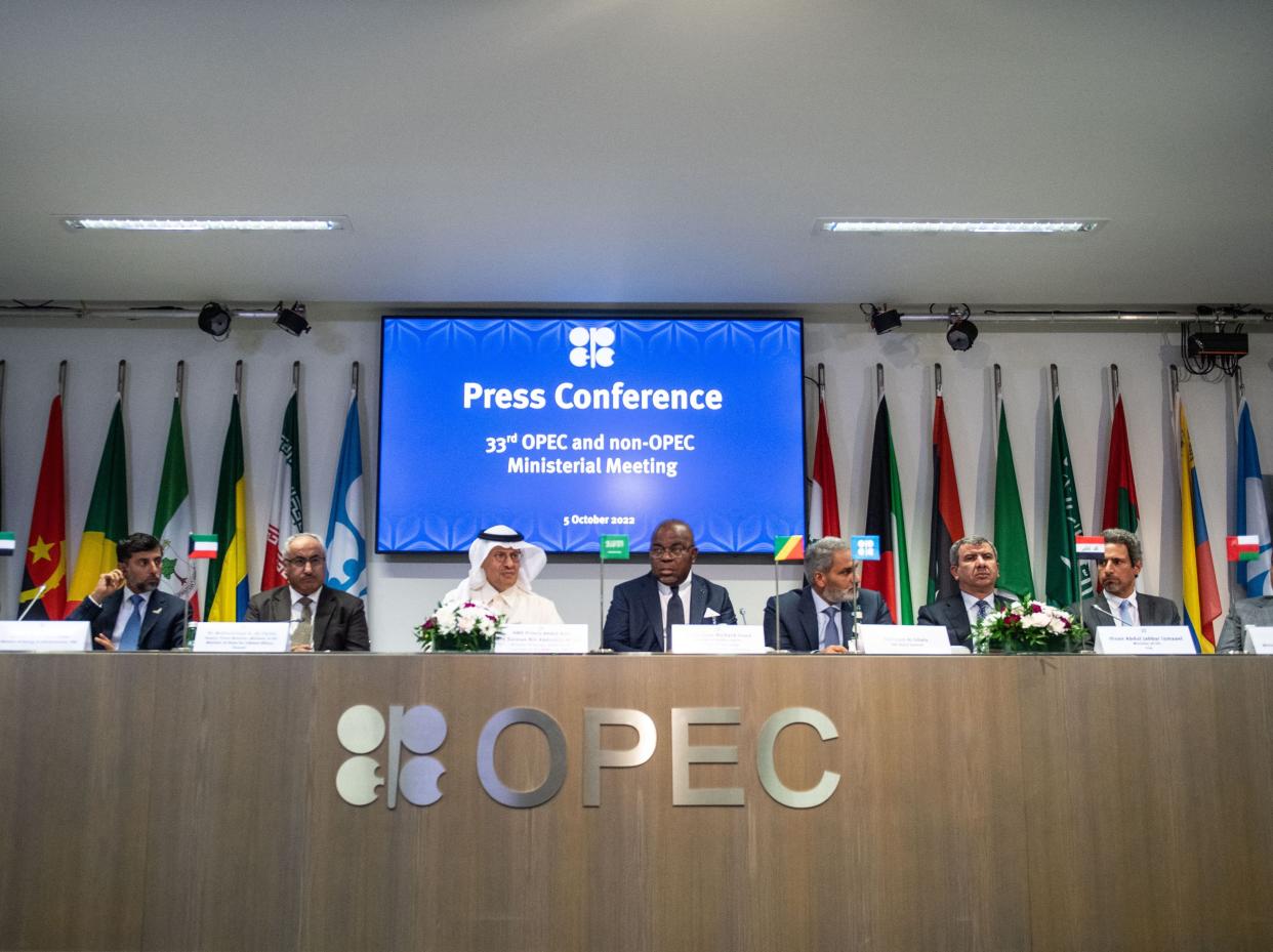 Representatives of OPEC member countries attend a press conference after the 45th Joint Ministerial Monitoring Committee and the 33rd OPEC and non-OPEC Ministerial Meeting in Vienna, Austria, on October 5, 2022.