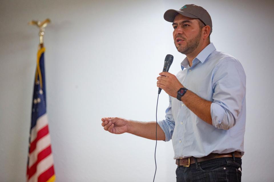 Representative Gabe Vasquez speaks to a crowd during a reelection event for Gabe Vasquez on Saturday, Sept. 16, 2023, at the Mesilla Community Center.