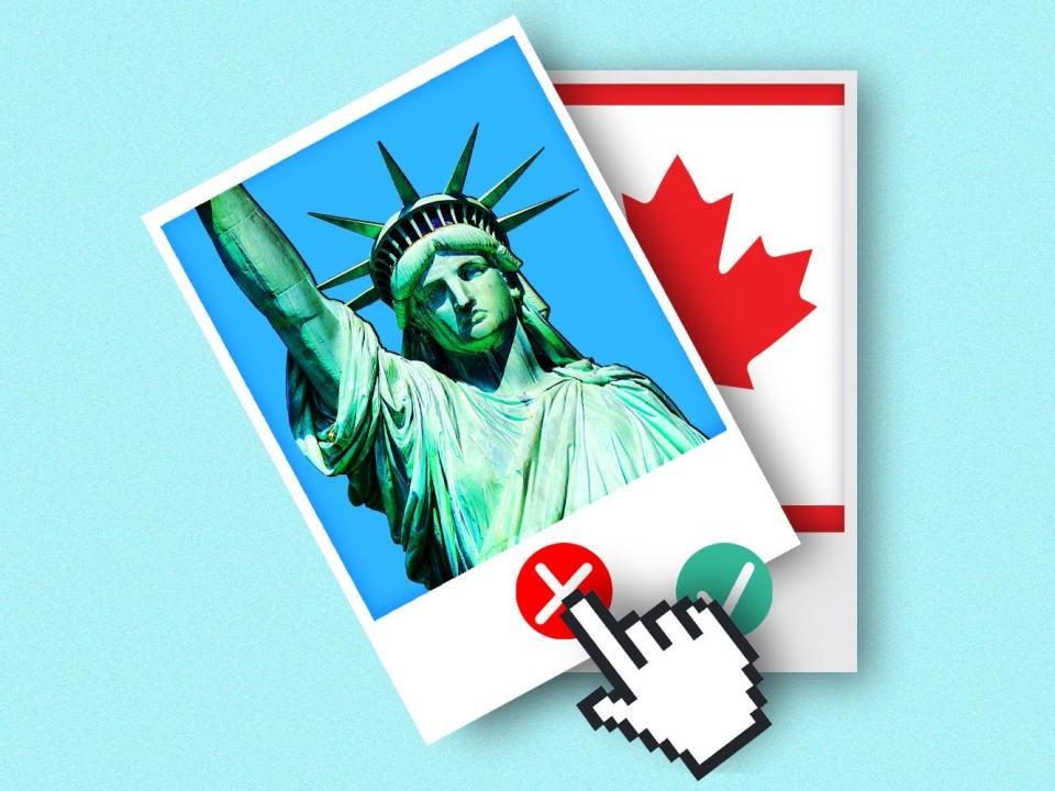 The Statue of Liberty is shown inside a dating profile. A computer cursor hits a red 'x' button to swipe left, revealing a profile behind it showing the Canadian flag.