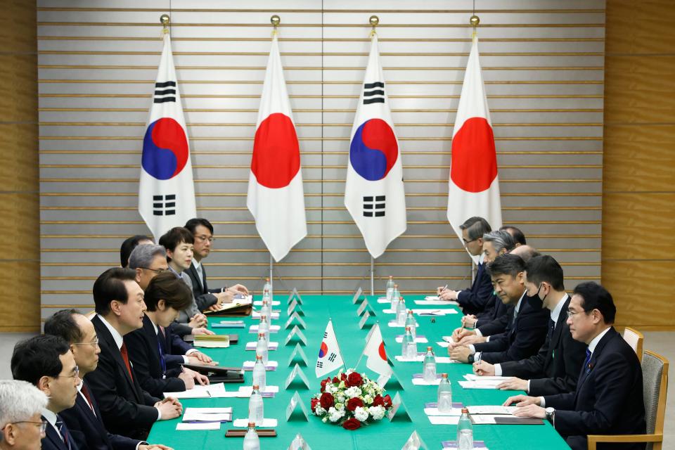 Yoon Suk Yeol, South Korea's president, fourth left, and Fumio Kishida, Japan's prime minister, right, attend a summit meeting at the prime minister's official residence on March 16, 2023 in Tokyo, Japan.