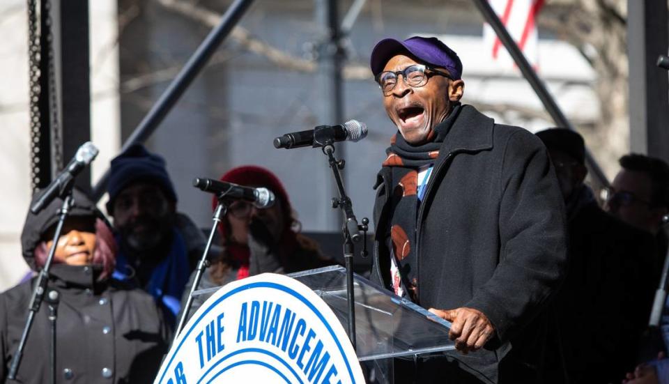 Rev. Dr. T. Anthony Spearman, President of the North Carolina NAACP, speaks at the annual Moral March on Raleigh, in Raleigh, N.C., Saturday, Feb. 8, 2020.