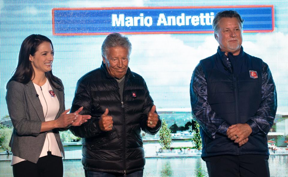 Marissa Andretti, Mario Andretti and Michael Andretti come together during the groundbreaking event for the new Andretti Global motorsports headquarters facility Tuesday, Dec. 6, 2022 in Fishers.