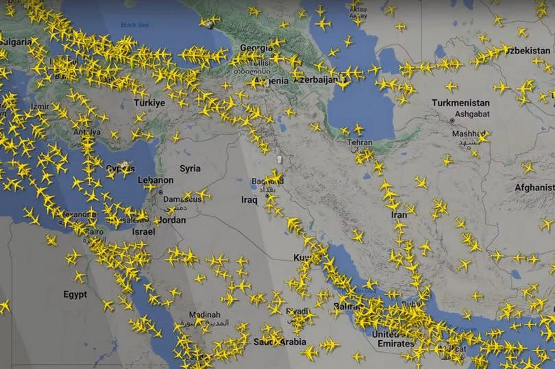 A map shows where air traffic in the region was diverted amid the bombing