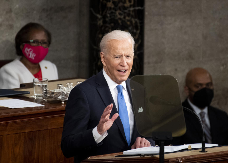 President Joe Biden addresses a joint session of Congress, Wednesday, April 28, 2021, in the House Chamber at the U.S. Capitol in Washington. (Caroline Brehman/Pool via AP)