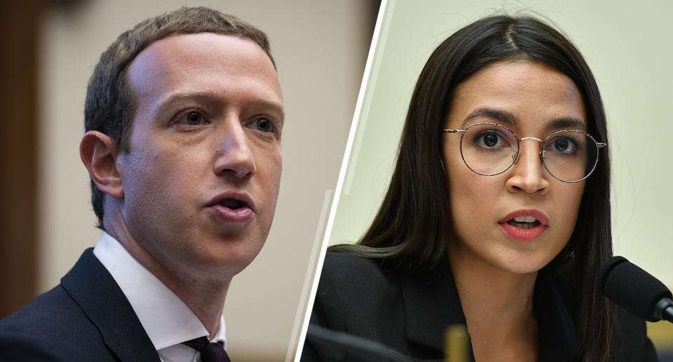 Mark Zuckerberg, chief executive officer and founder of Facebook, and Rep. Alexandria Ocasio-Cortez, D-N.Y. (Photos: Al Drago/Bloomberg via Getty Images, Mandel Ngan/AFP via Getty Images)