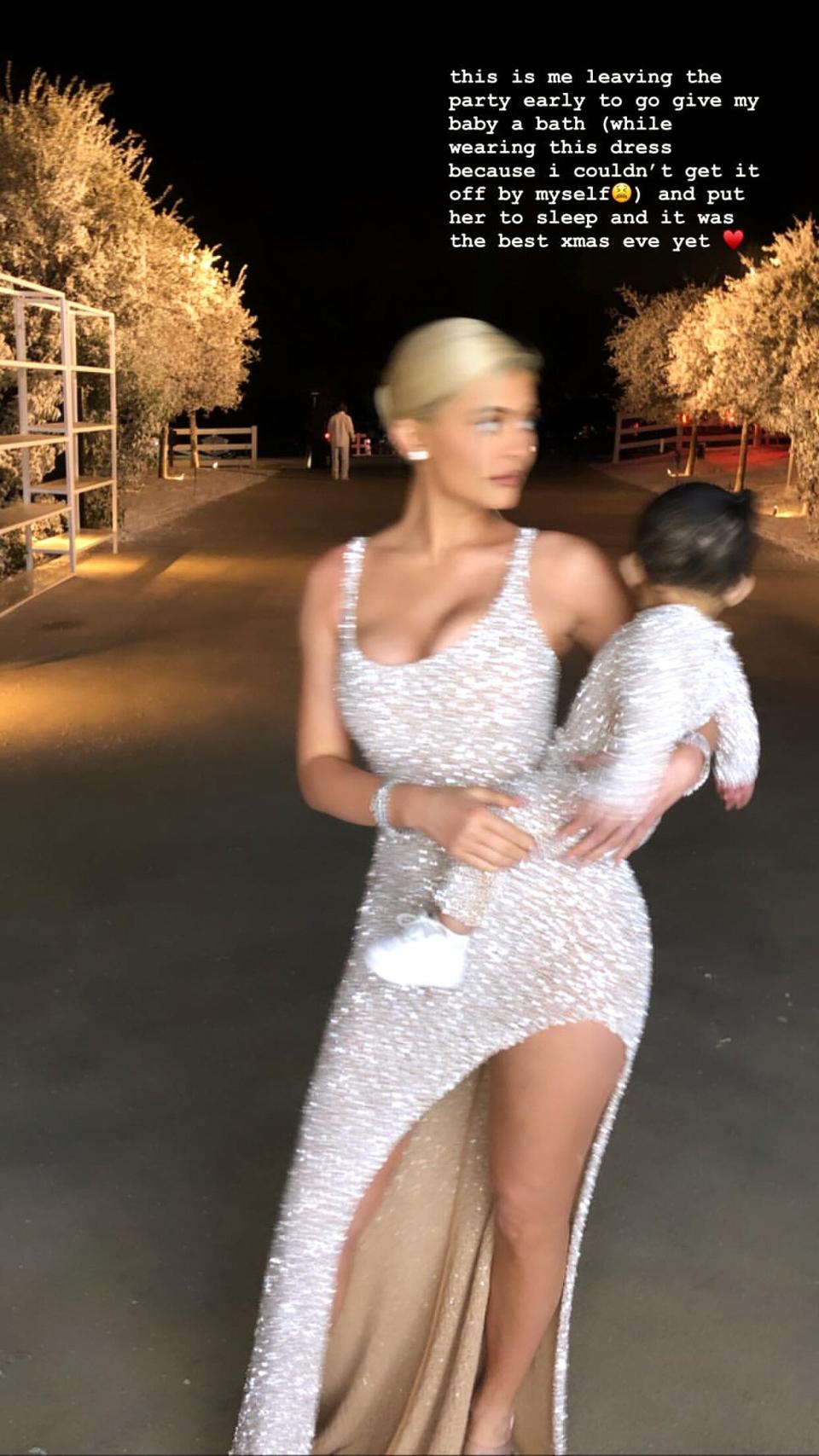 Now that she's a mom, her priorities have changed a bit. In her Instagram story, Kylie said that she had the "best Christmas eve yet" after leaving the party early to give Stormi a bath. She even did it in her evening gown! 