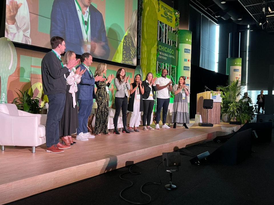 Hyfé Foods co-founder and CEO Michelle Ruiz, center, was named the winner of the TechRise Startup Pitch Competition at Future-of-Food. (Photo: Mary O’Connell/FreightWaves)