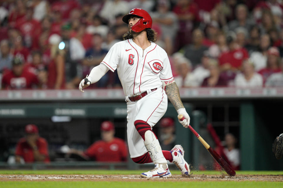 Cincinnati Reds' Jonathan India watches his RBI single off of Boston Red Sox starting pitcher Chase Anderson during the third inning of a baseball game Wednesday, Sept. 21, 2022, in Cincinnati. (AP Photo/Jeff Dean)