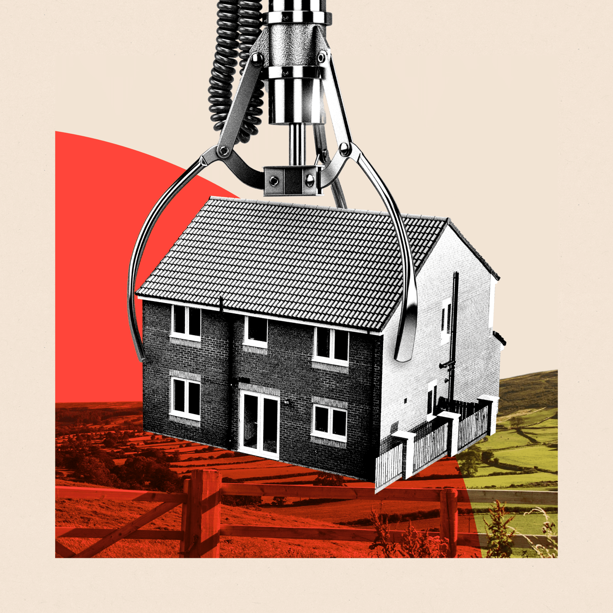 A designed image showing a house being lifted up by a mechanical claw. 