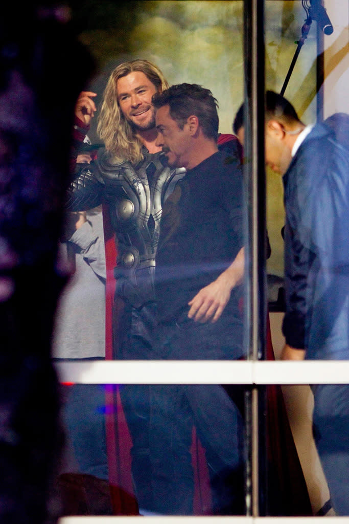 <p>Thor is back! Hemsworth was seen for the first time filming <em>Avengers 4</em> on Wednesday. The actors looked like they were already having a blast, as Chris showed off his long wavy locks to Downey’s Tony Stark. (Photo: Backgrid) </p>