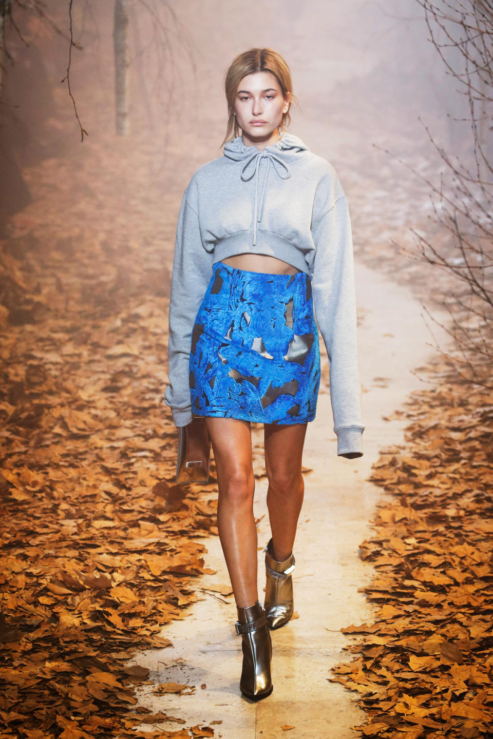 <p>The up-and-coming model landed a major gig for Off-White, rocking the brand's Paris runway in a cropped sweatshirt and blue mini.</p>