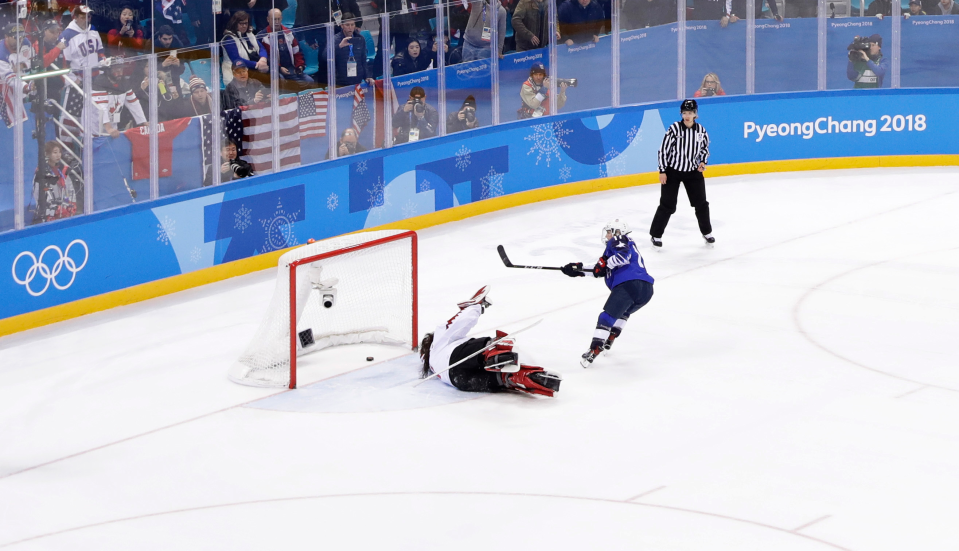 Jocelyne Lamoureux-Morando’s goal won the first U.S. gold medal in women’s hockey since 1998. (AP Photo)