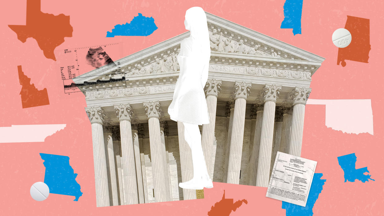 Abortion bans impacting women represented by a woman's silhouette, the columns of the U.S. Supreme Court, and cutouts of states. 