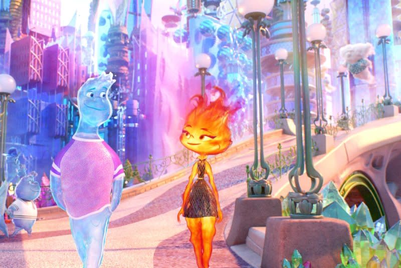 Wade and Ember stroll through Element City. Photo courtesy of Disney/Pixar