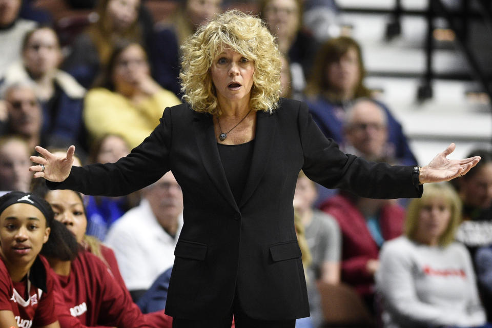 Oklahoma head coach Sherri Coale gestures in the first half of an NCAA college basketball game against Connecticut, Sunday, Dec. 22, 2019, in Uncasville, Conn. (AP Photo/Jessica Hill)