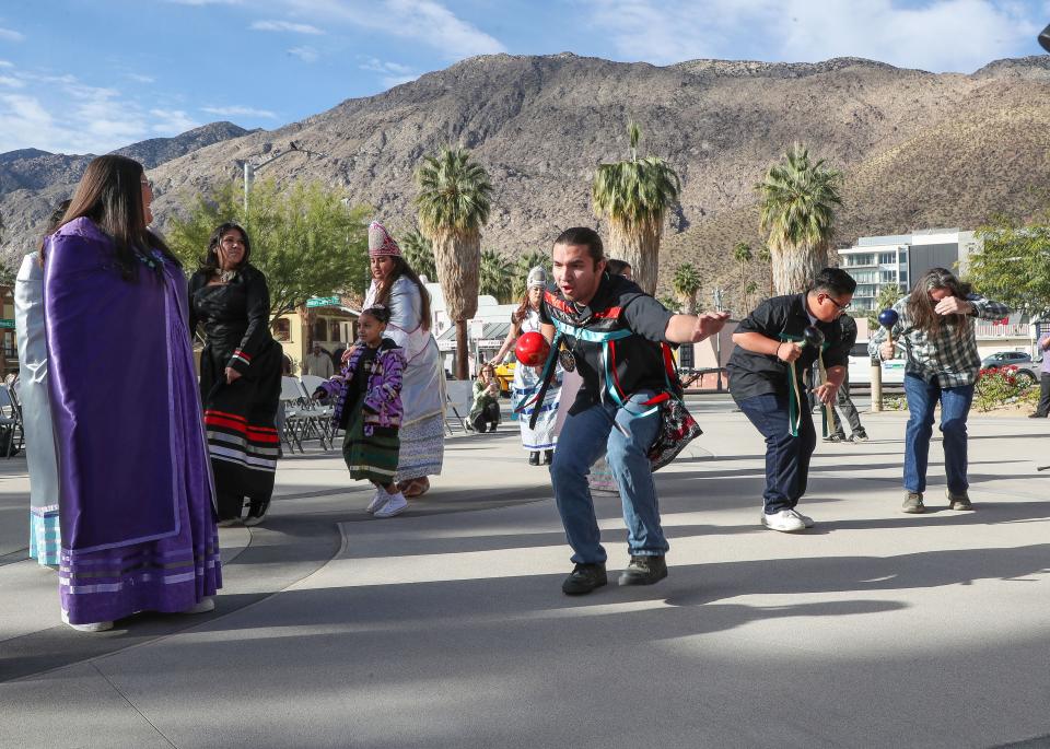 Members of the Agua Caliente Band of Cahuillla Indians Bird Singers and Dancers during an event Friday at the Agua Caliente Cultural Museum in Palm Springs.