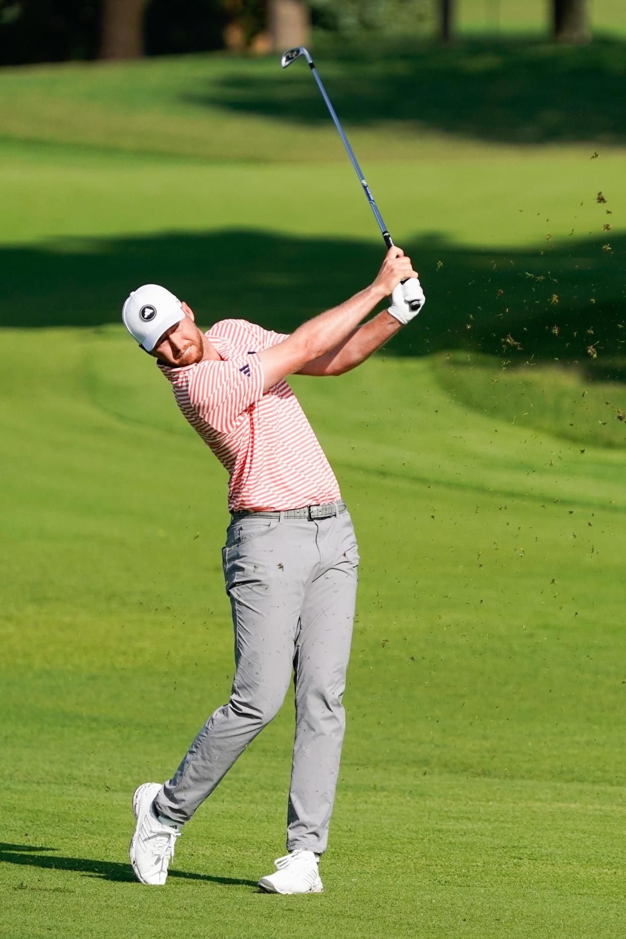 Jupiter's Daniel Berger plays a shot on the 12th hole during the first round of the CJ Cup Byron Nelson tournament last week but will miss the PGA Tournament because of his back injury.