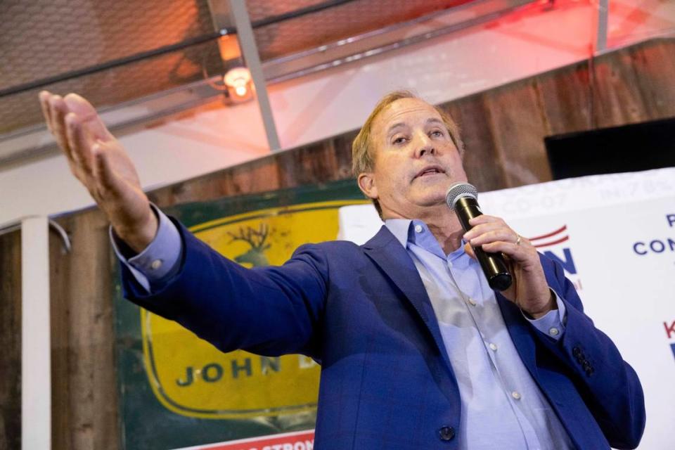 In this photo from Nov. 8, 2022, Texas Attorney General Ken Paxton speaks during a Collin County GOP Election Night Watch Party at Haggard Party Barn in Plano. (Juan Figueroa/The Dallas Morning News/TNS)