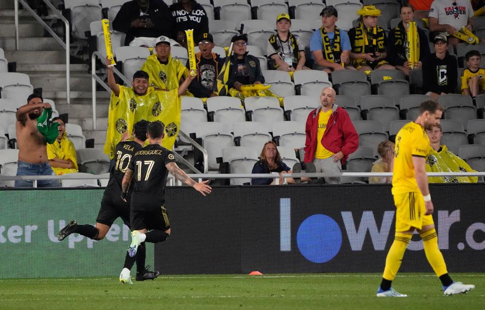 May 21, 2022; Columbus, Ohio, USA; Los Angeles FC forward Carlos Vela (10) celebrates after scoring the first goal of the game during the 2nd half of the MLS game between the Columbus Crew and Los Angeles FC at Lower.com Field in Columbus, Ohio on May 21, 2022.