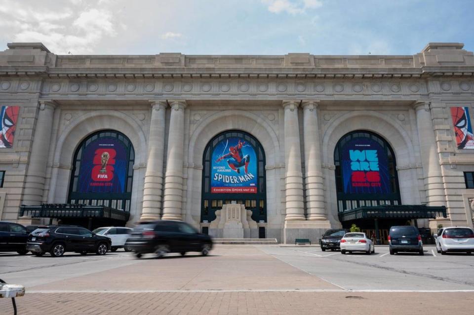 Banners showcasing the “Spider-Man: Beyond Amazing” exhibit are seen on display outside Monday at Union Station.