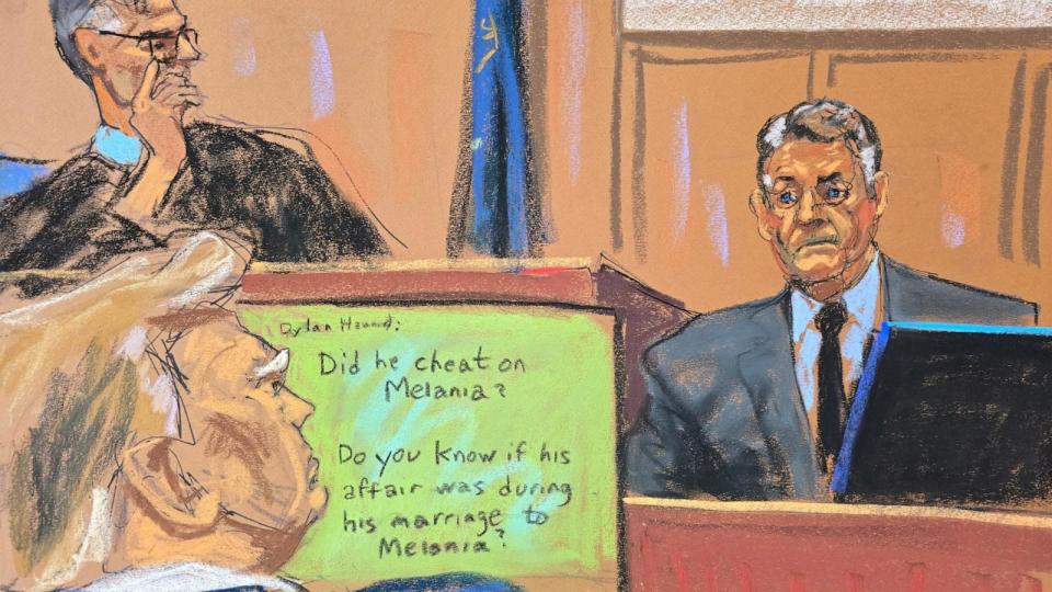 PHOTO: Lawyer Keith Davidson, who represented former Playboy model Karen McDougal, testifies during Trump's criminal trial, in Manhattan state court in New York, on April 30, 2024 in this courtroom sketch.  (Jane Rosenberg/Reuters)