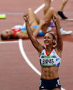 Great Britain's Jessica Ennis celebrates winning the Heptathlon, after the 800m event at the Olympic Stadium, London, on the eighth day of the London 2012 Olympics.. Picture date: Saturday August 4, 2012. Photo credit should read: John Giles/PA Wire. EDITORIAL USE ONLY