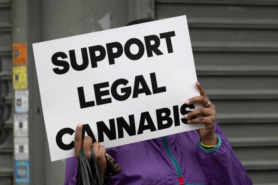 Members of Support Legal Cannabis rallying outside of Assembly Speaker Carl Heastie’s office in the Bronx on April 13, 2024. J.C. Rice