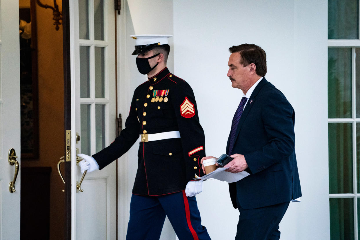 Lindell is seen entering the West Wing of the White House, Friday, Jan. 15, 2021. 