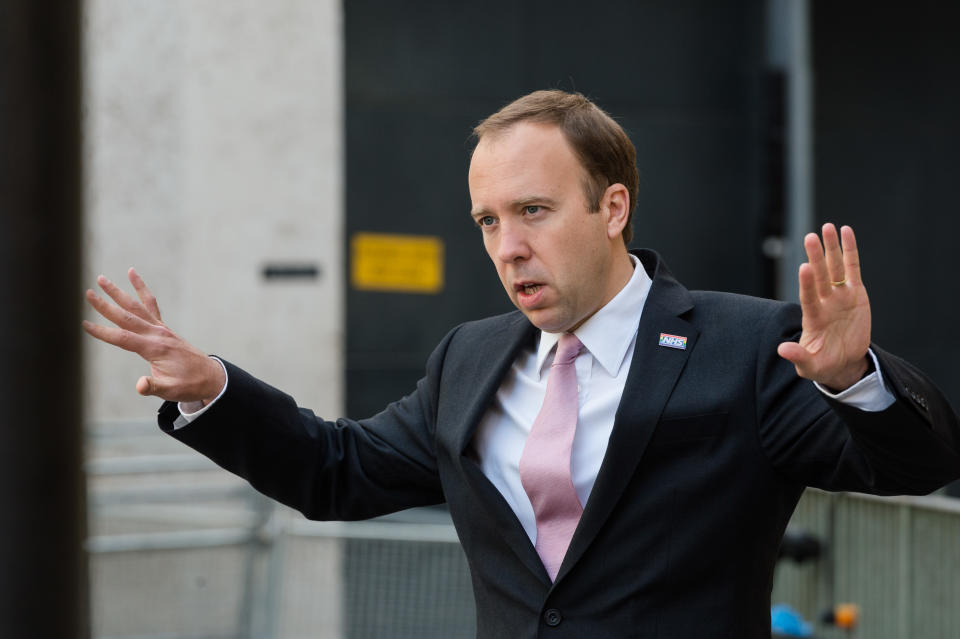 Secretary of State for Health and Social Care Matt Hancock speaks to media outside the BBC Broadcasting House in central London before appearing on The Andrew Marr Show on 20 September, 2020 in London, England. (Photo by WIktor Szymanowicz/NurPhoto via Getty Images)