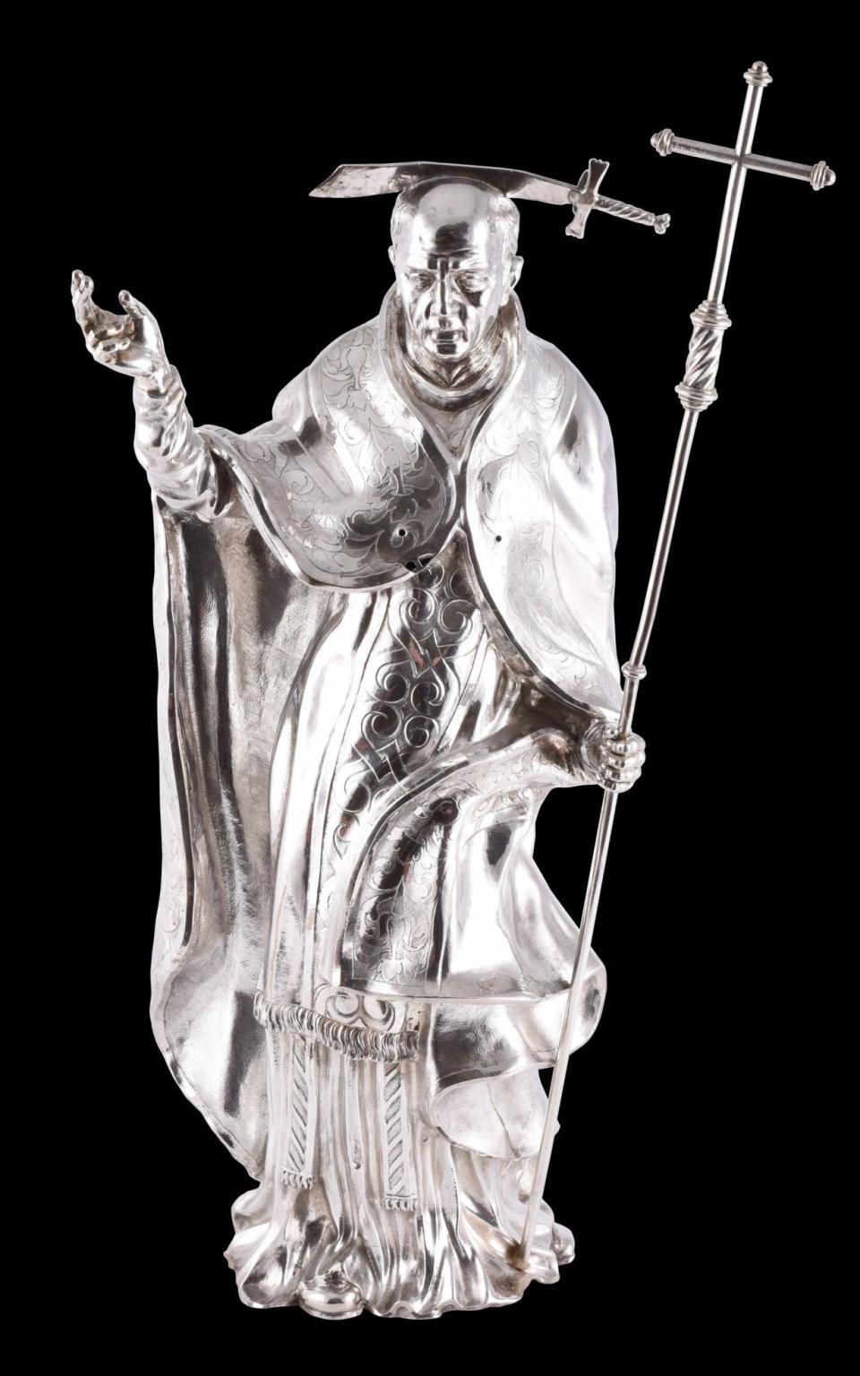 A silver statuette of Thomas, made to hold a smaller reliquary with a fragment of his skull - British Museum