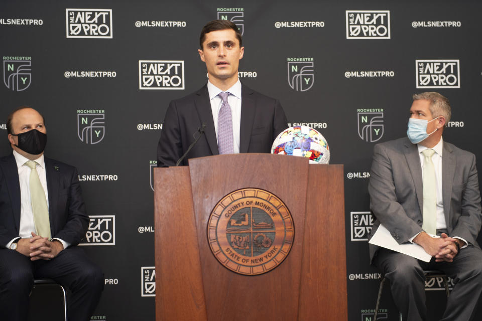 Dec 6, 2021;  Rochester, NY, USA;  Charles Altchek, President of MLS Next Pro speaks and introduces Rochester New York FC during the press conference to introduce Rochester New York FC at Watt's Building.  Mandatory Credit: Gregory Fisher-USA TODAY Sports