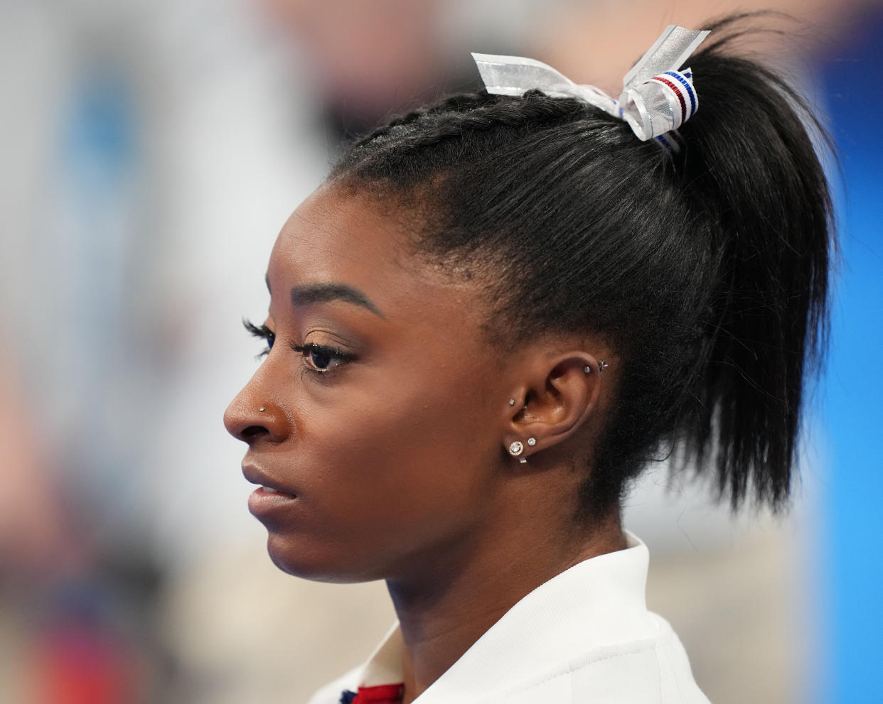 Simone Biles of Team US reacts during the Women's Team Final