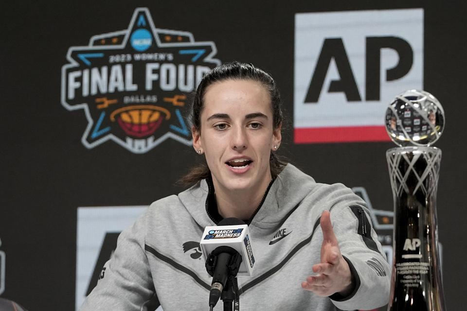 Iowa's Caitlin Clark speaks at a press conference after she was introduced as the AP Player of the Year Thursday, March 30, 2023, in Dallas. (AP Photo/Darron Cummings)