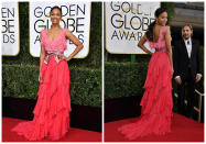 <p><b>Grade: F</b><br>Two shades of pink and even louder ruffles? Not tonight, Zoe. </p>