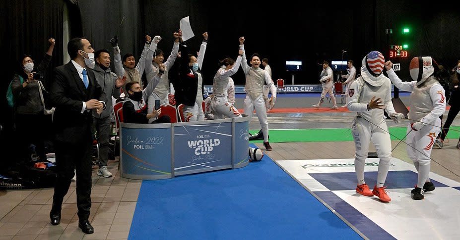 Singapore's women foil fencers celebrate defeating top-ranked United States in the round of 16 at the Fencing World Cup in Belgrade. (PHOTO: Fencing Singapore/Facebook)