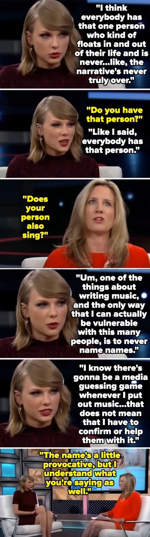 Taylor Swift and Nancy Pelosi on a talk show discussing the perception changes of people in media. Text highlights conversations about public personas and narrative control