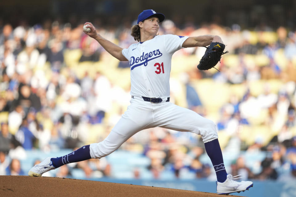Los Angeles Dodgers starting pitcher Tyler Glasnow throws during the first inning of a baseball game against the Atlanta Braves in Los Angeles, Saturday, May 4, 2024. (AP Photo/Ashley Landis)