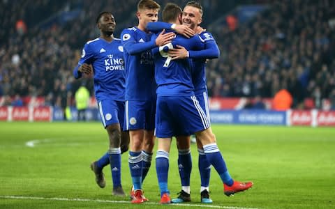 Jamie Vardy of Leicester City celebrates after scoring his sides second goal with James Maddison of Leicester City during the Premier League match between Leicester City and Brighton & Hove Albion - Credit: GETTY IMAGES