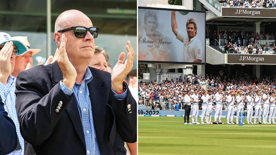 Pictured here, Lord's standing as one to pay tribute to the late Aussie great Shane Warne.